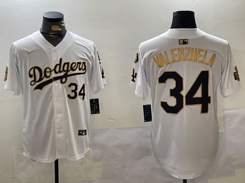 Men Los Angeles Dodgers 34 Valenzuela White Gold Game 2024 Nike MLB Jersey style 11201
